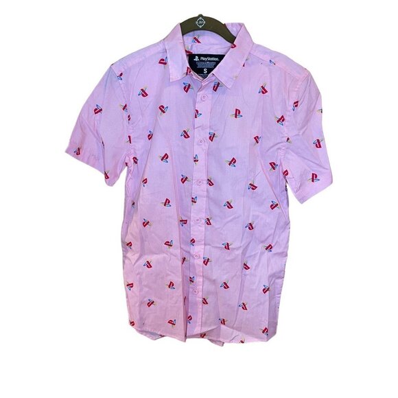 Playstation Tops - PlayStation Allover Logo Pink Button Down Collared Short Sleeved Blouse Sz S